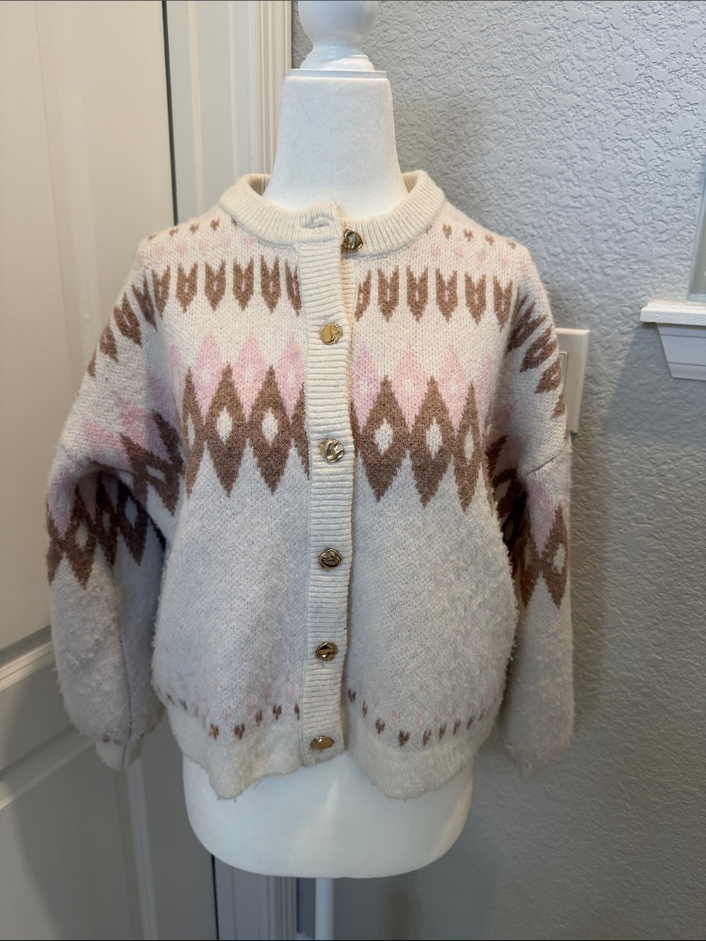 Song of Style Cream Cardigan with Pink & Brown Fair Isle
